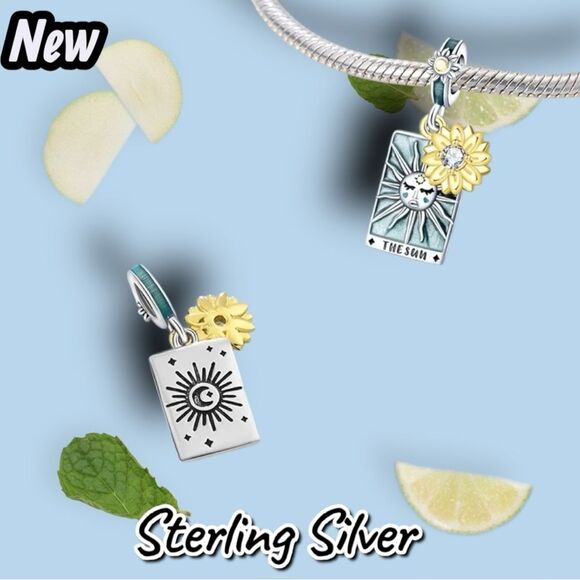 NEW 925 Sterling Silver “The Sun” Tarot Card Charm – Light Blue Enamel with Sunf - Picture 2 of 3